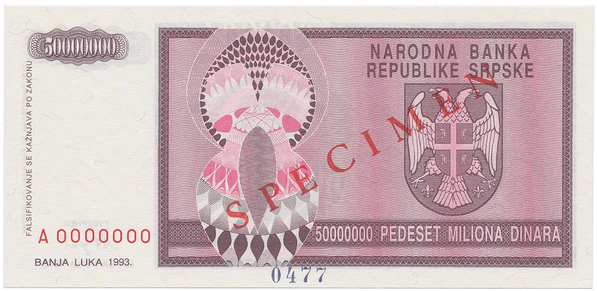 Bosna a Hercegovina, 50 Miliona Dinara 1993, bankovní vzor, A 0000000, přet. SPECIMEN, P.145s