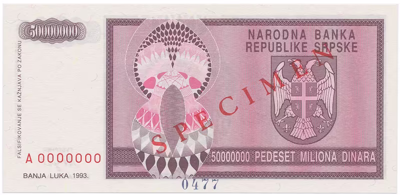 Bosna a Hercegovina, 50 Miliona Dinara 1993, bankovní vzor, A 0000000, přet. SPECIMEN, P.145s