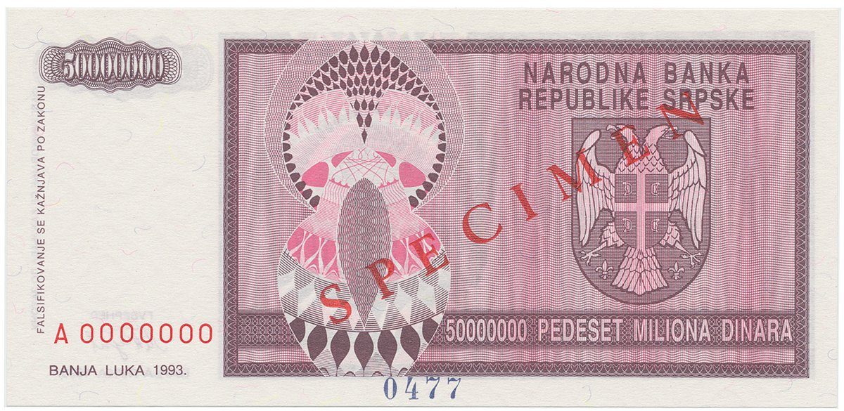 Bosna a Hercegovina, 50 Miliona Dinara 1993, bankovní vzor, A 0000000, přet. SPECIMEN, P.145s