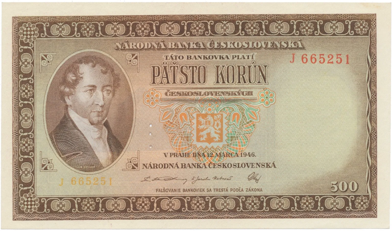 500 Koruna 1946, perforace 3 m.d., Hej.81aS1