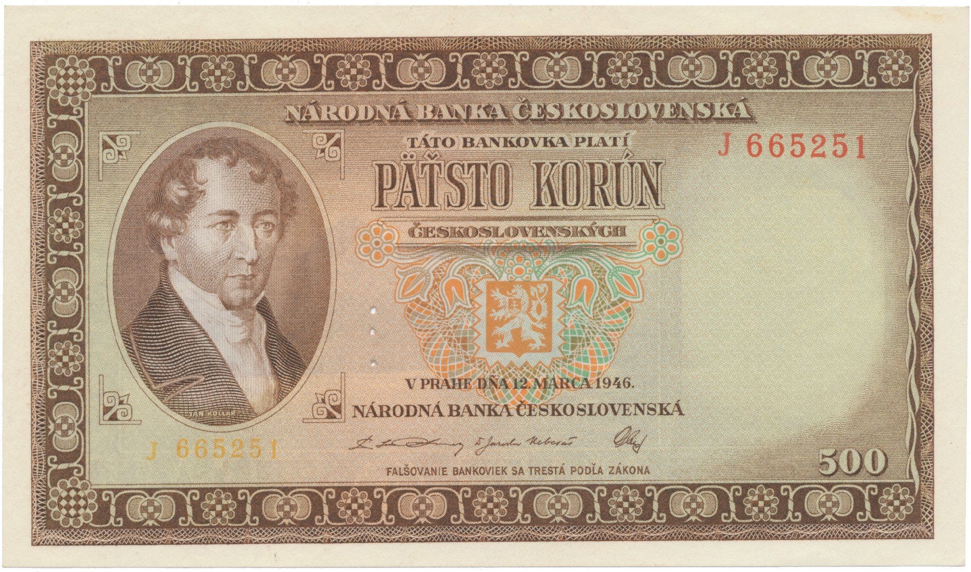 500 Koruna 1946, perforace 3 m.d., Hej.81aS1