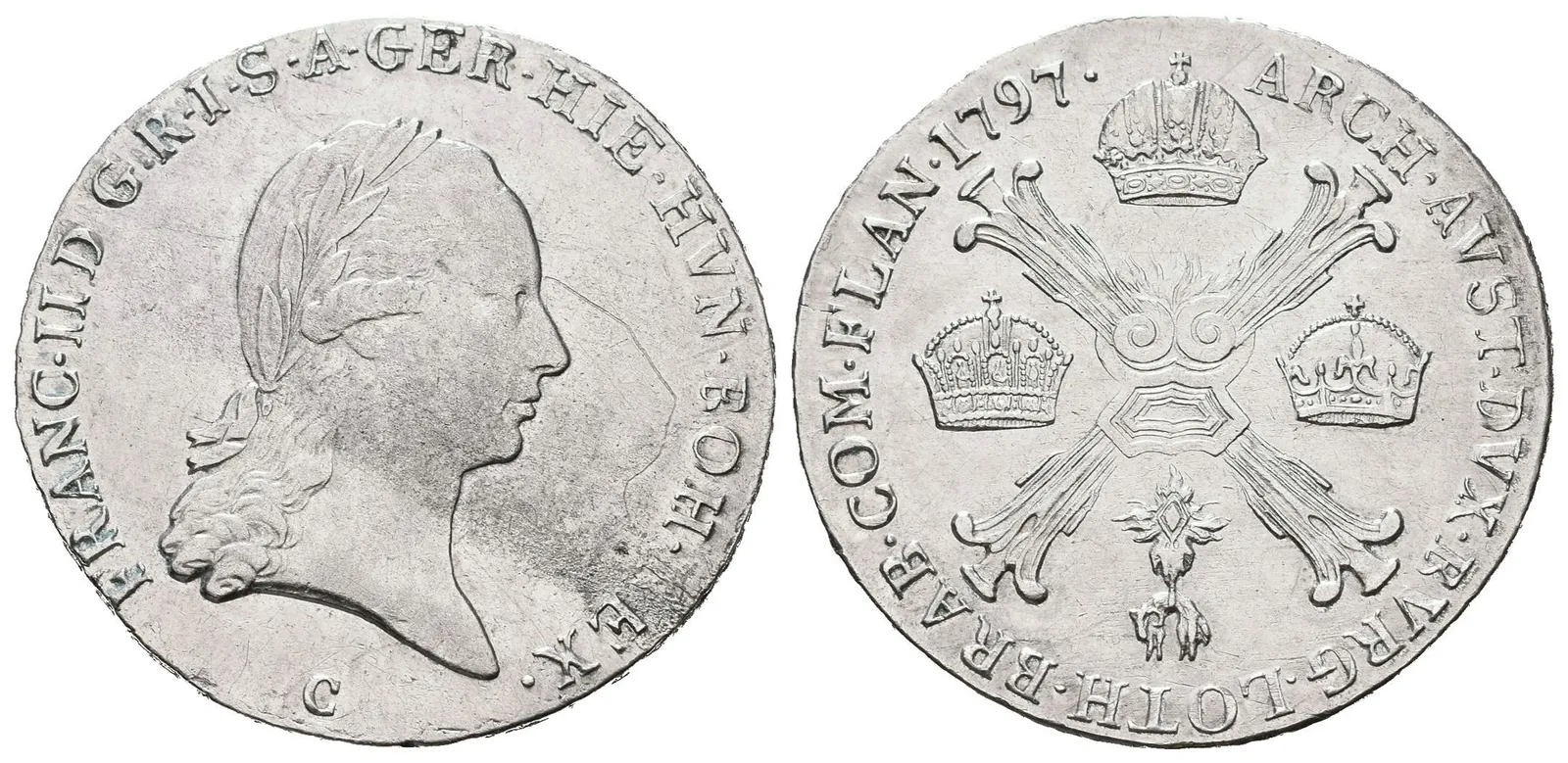 1/4 Tolar křížový 1797 C, Hal.2031, zbytky lesku, patina, škr. na Av. — 1