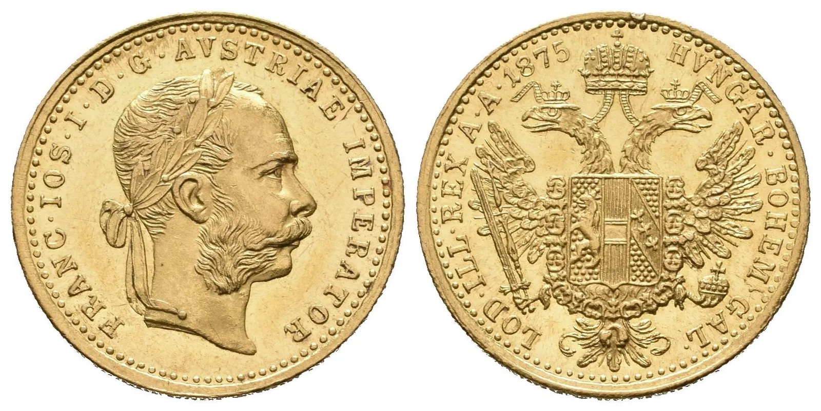 Dukát 1875, ražební lesk, drobné rysky, hrany, — 1