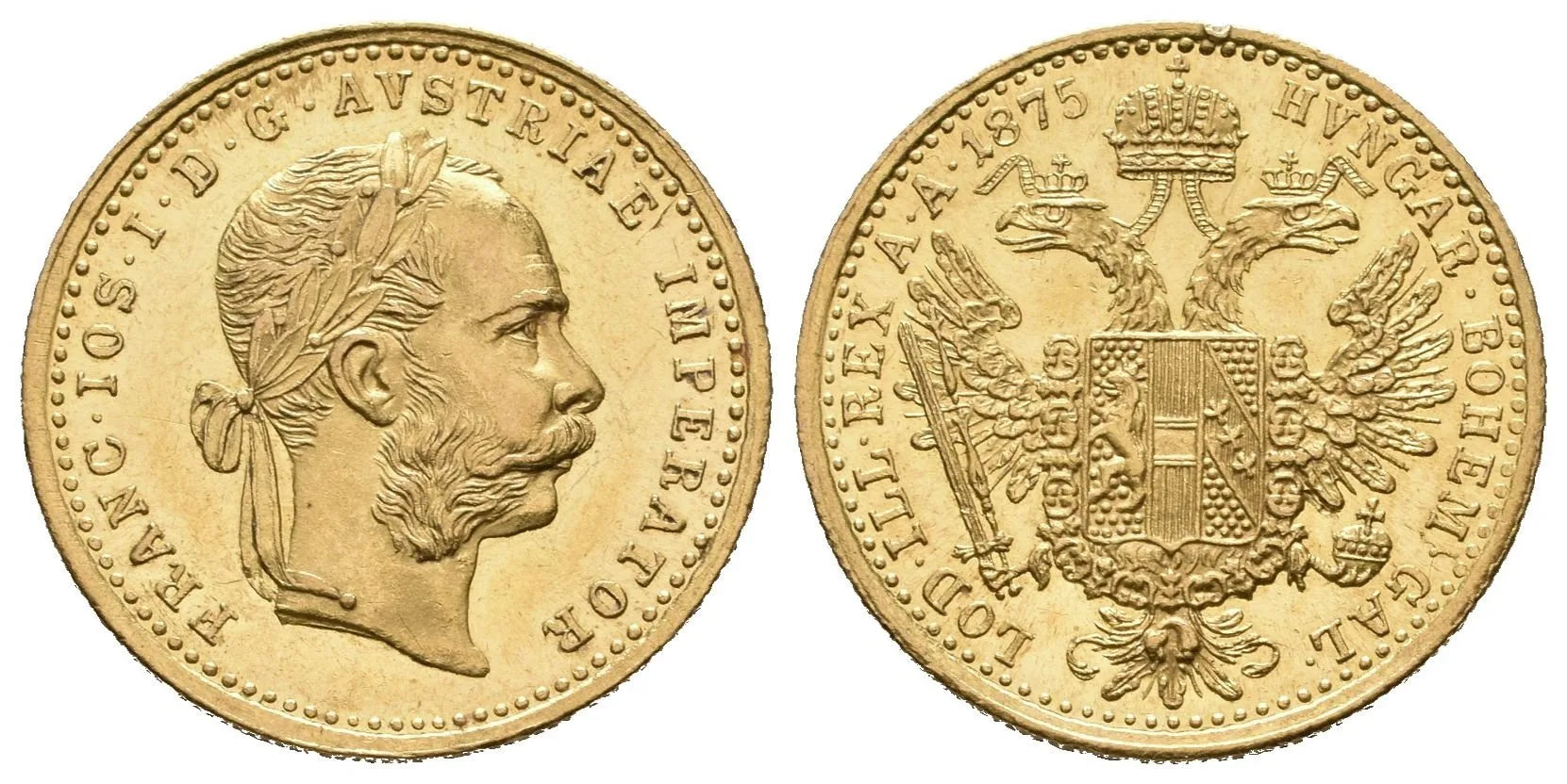 Dukát 1875, ražební lesk, drobné rysky, hrany, — 1
