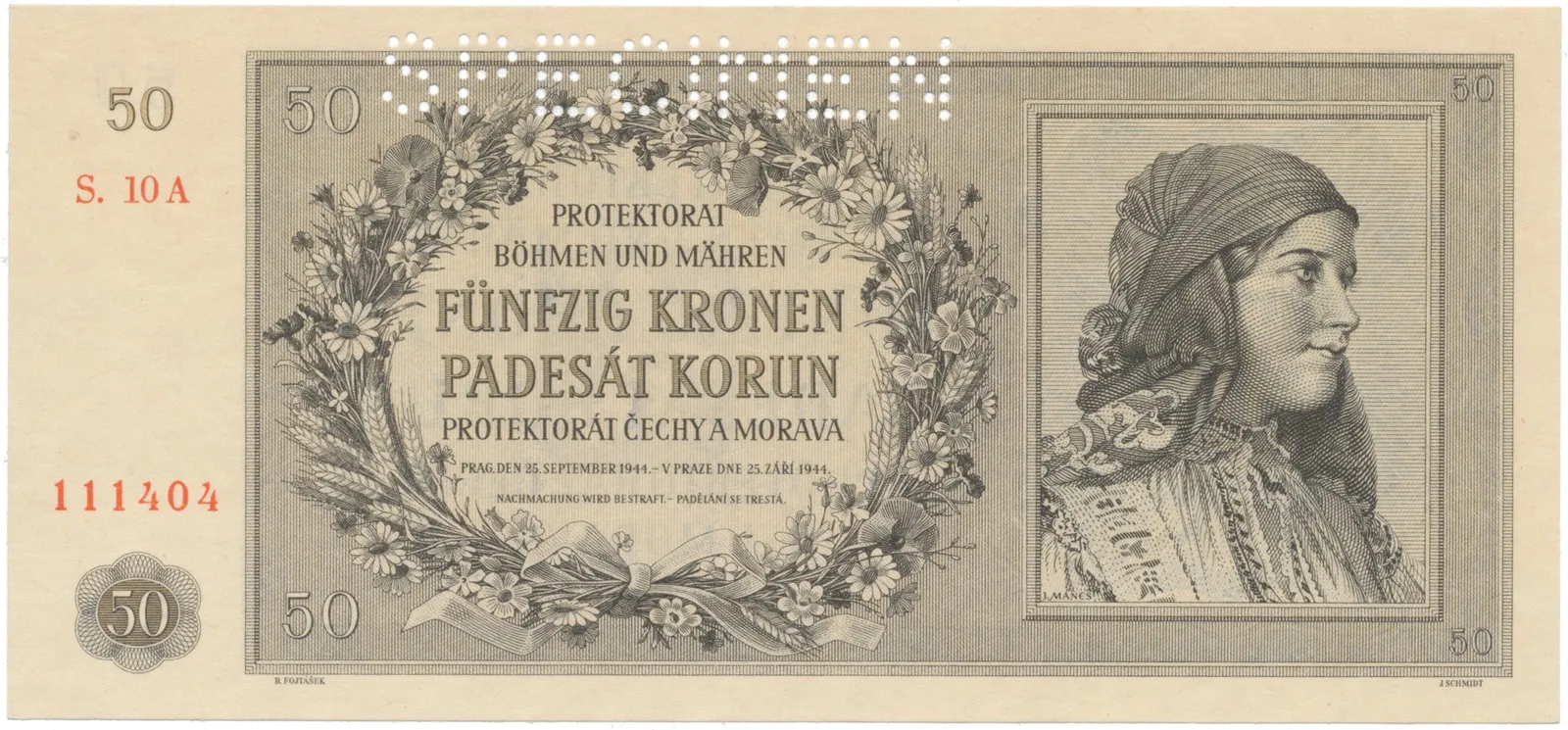 50 Koruna 1944, SPECIMEN, Hej.42a.S1