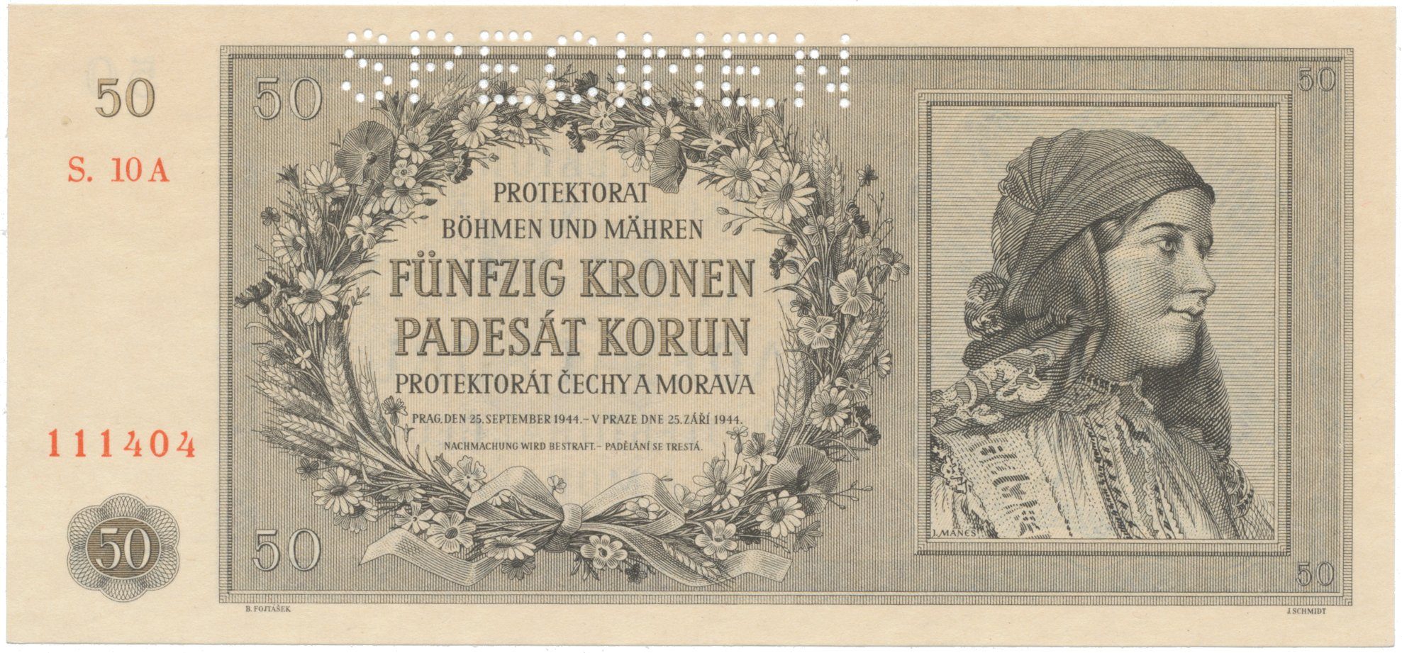 50 Koruna 1944, SPECIMEN, Hej.42a.S1