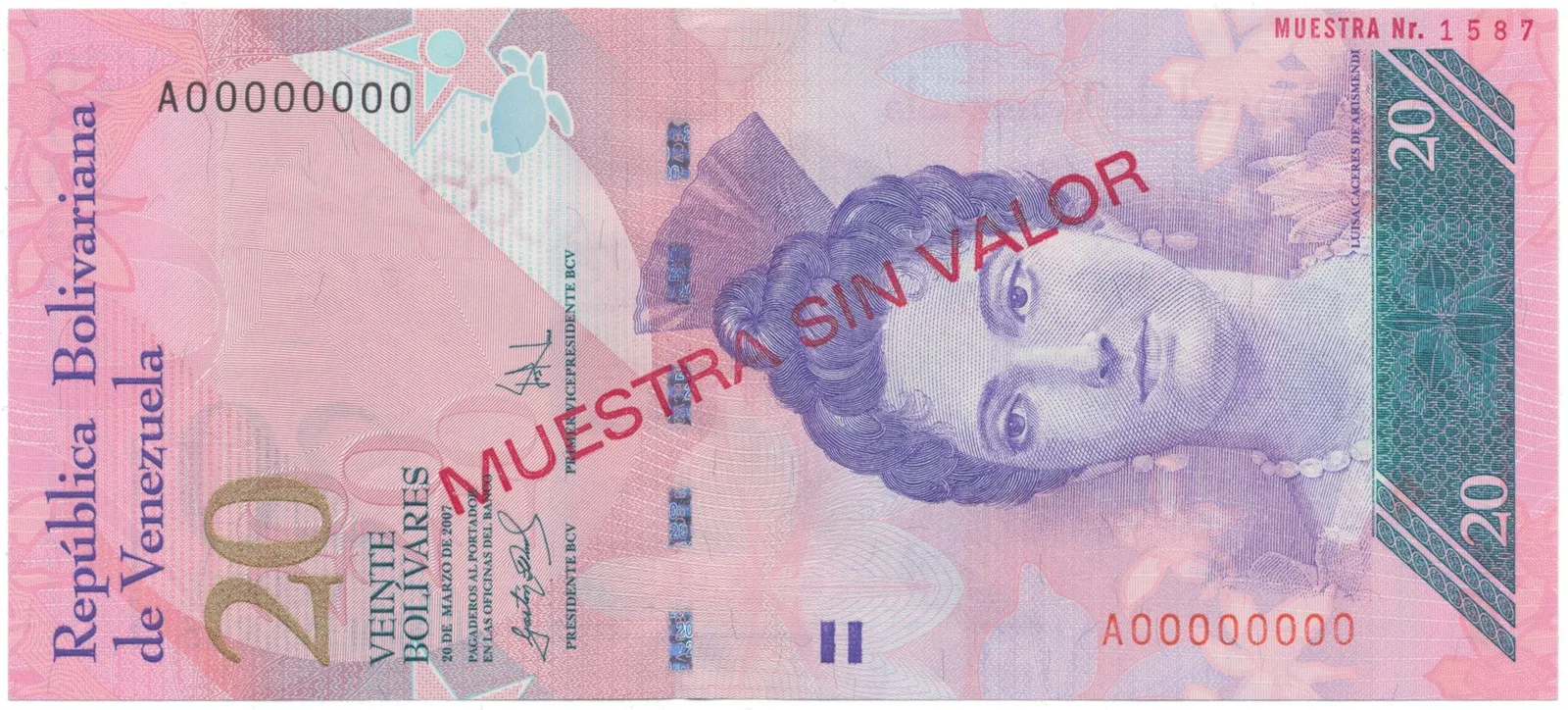 Venezuela, 20 Bolivares 2007, anulát - MUESTRA SIN VALOR, P.91as