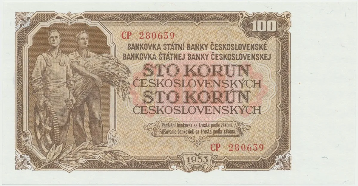 Československo, 100 Koruna 1953, tisk Moskva, série CP, Hej.95a1