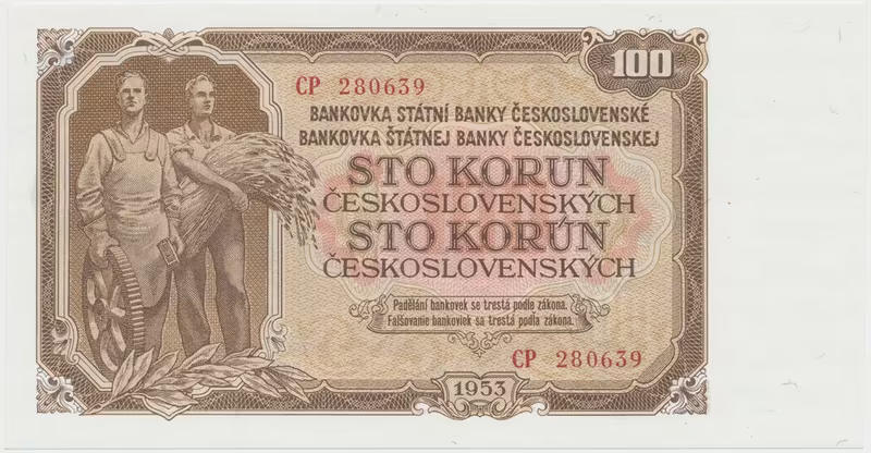 Československo, 100 Koruna 1953, tisk Moskva, série CP, Hej.95a1