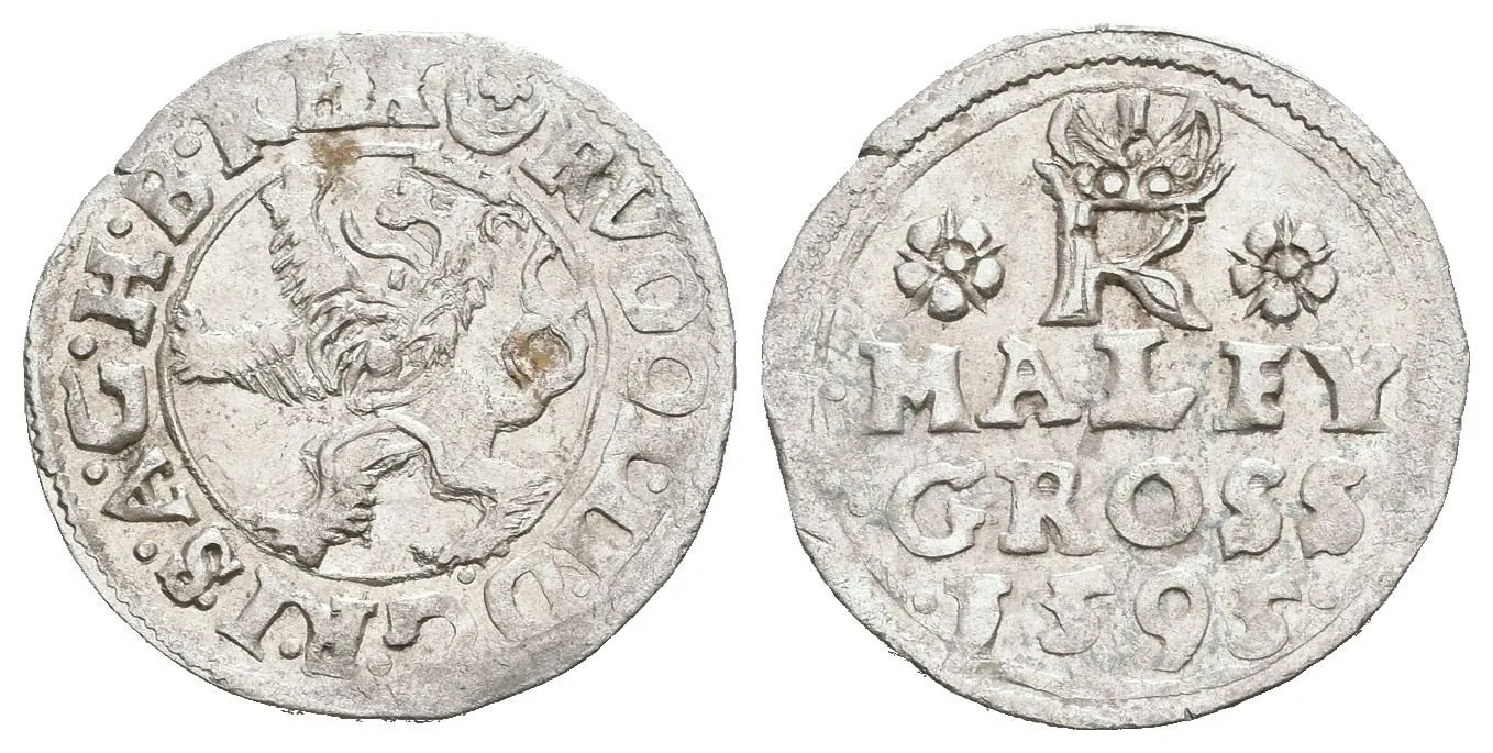 Malý groš 1595, Jáchymov-Hofmann, HN.8b (opis 7c), pěkný Av., patina, rysky — 1