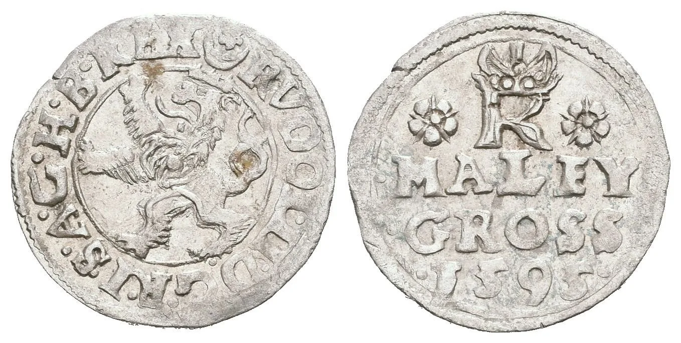 Malý groš 1595, Jáchymov-Hofmann, HN.8b (opis 7c), pěkný Av., patina, rysky — 1