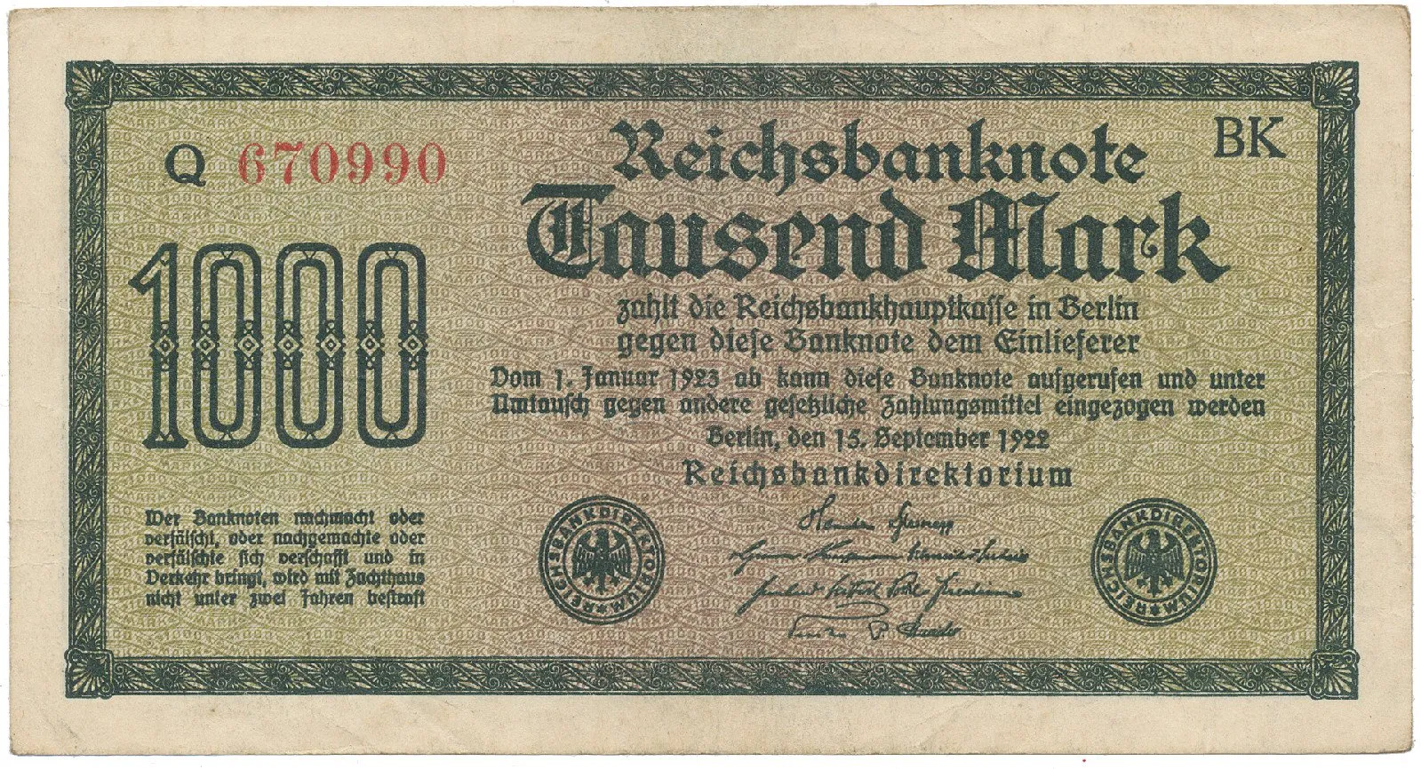 Německo, 1000 Mark 1922, vod. Mäander, červené 6-místné číslo, Ro.75g
