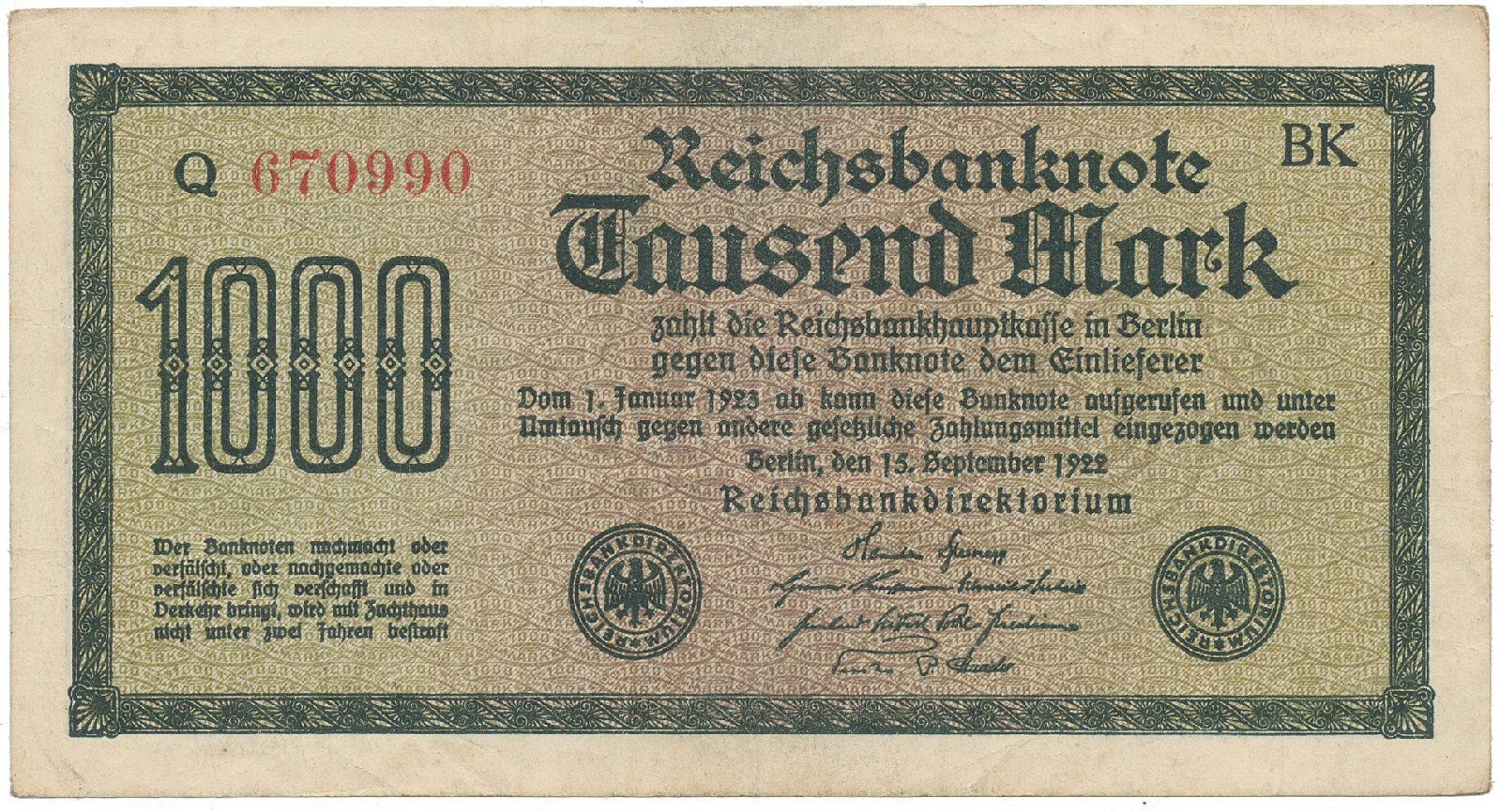 Německo, 1000 Mark 1922, vod. Mäander, červené 6-místné číslo, Ro.75g