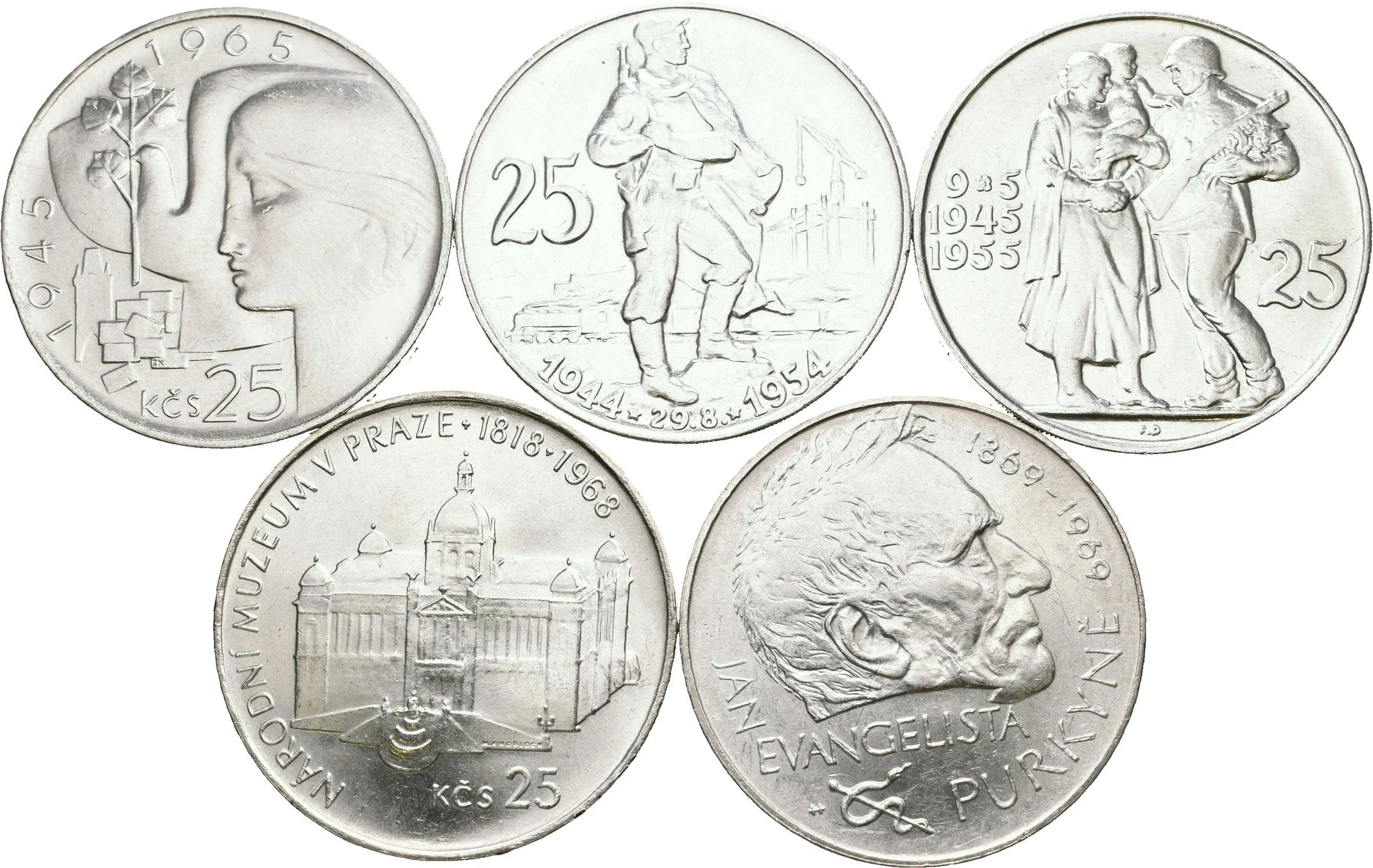 Soubor mincí 25 Kčs 1954 a 1955, 25 Kčs 1965 - 20. výročí osvobození, — 1