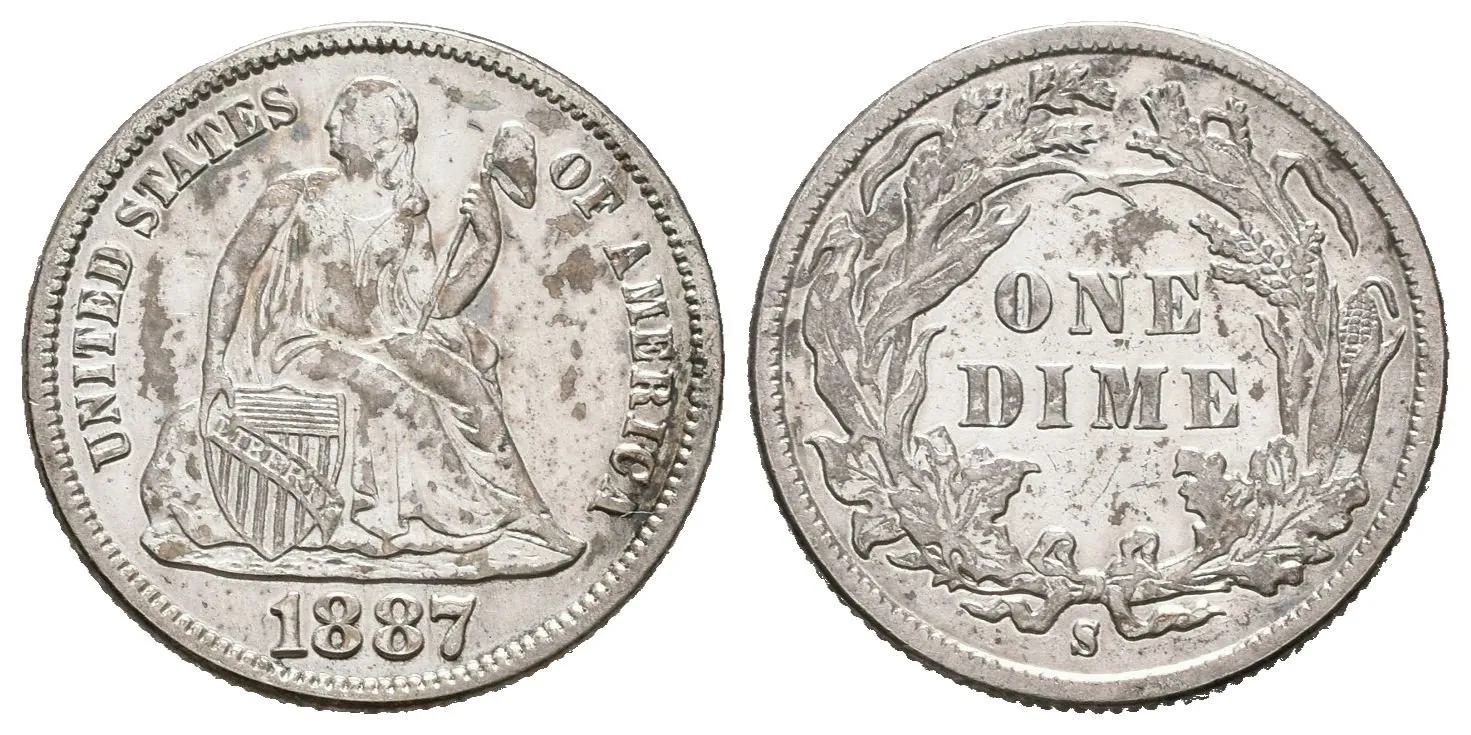 Dime 1887 S, KM.A92, pěkná zachovalost, patina, zbytky lesku — 1