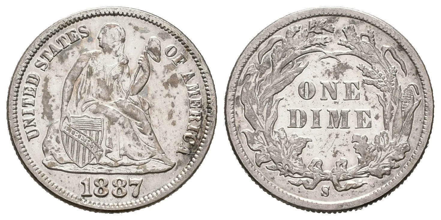 Dime 1887 S, KM.A92, pěkná zachovalost, patina, zbytky lesku — 1