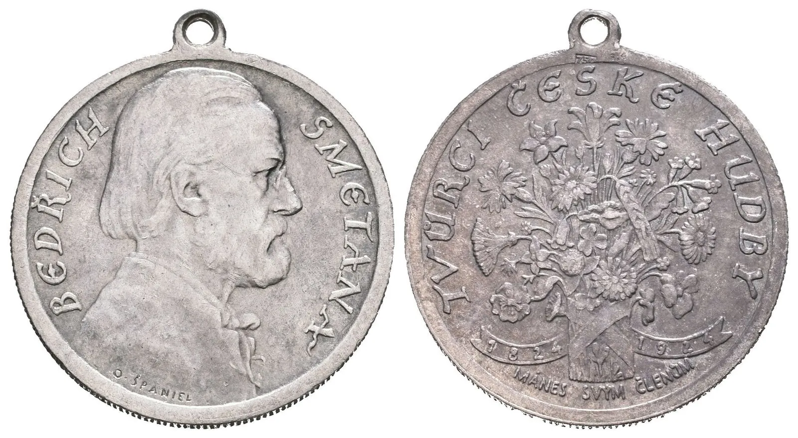 AR Medaile 1924 - Bedřich Smetana, Mánes svým členům. Portrét vpravo, opis / Kytice květů, — 1