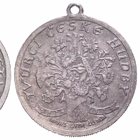 AR Medaile 1924 - Bedřich Smetana, Mánes svým členům. Portrét vpravo, opis / Kytice květů,