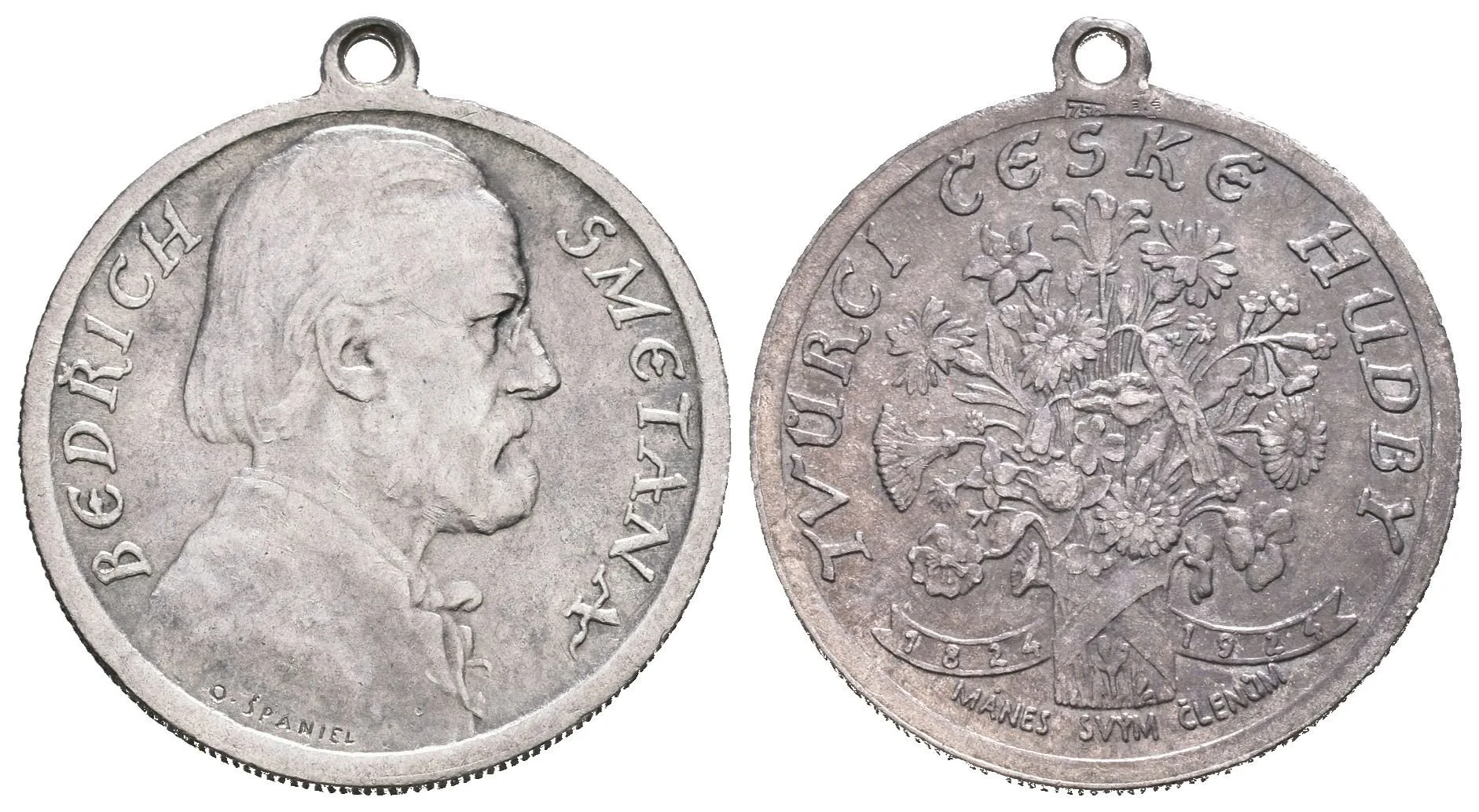 AR Medaile 1924 - Bedřich Smetana, Mánes svým členům. Portrét vpravo, opis / Kytice květů, — 1
