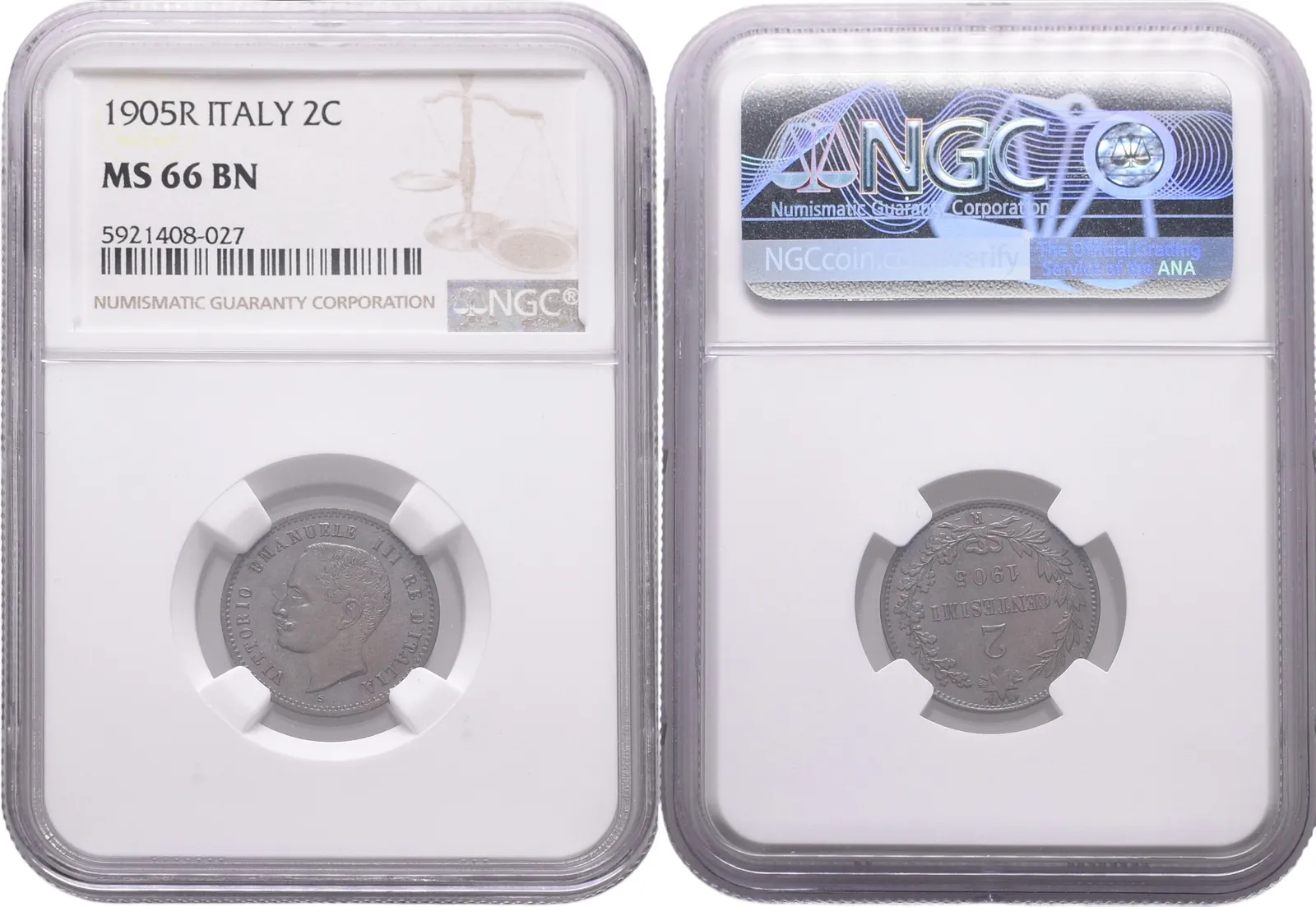 Itálie, 2 Centesimi 1905 R, NGC MS 66 BN