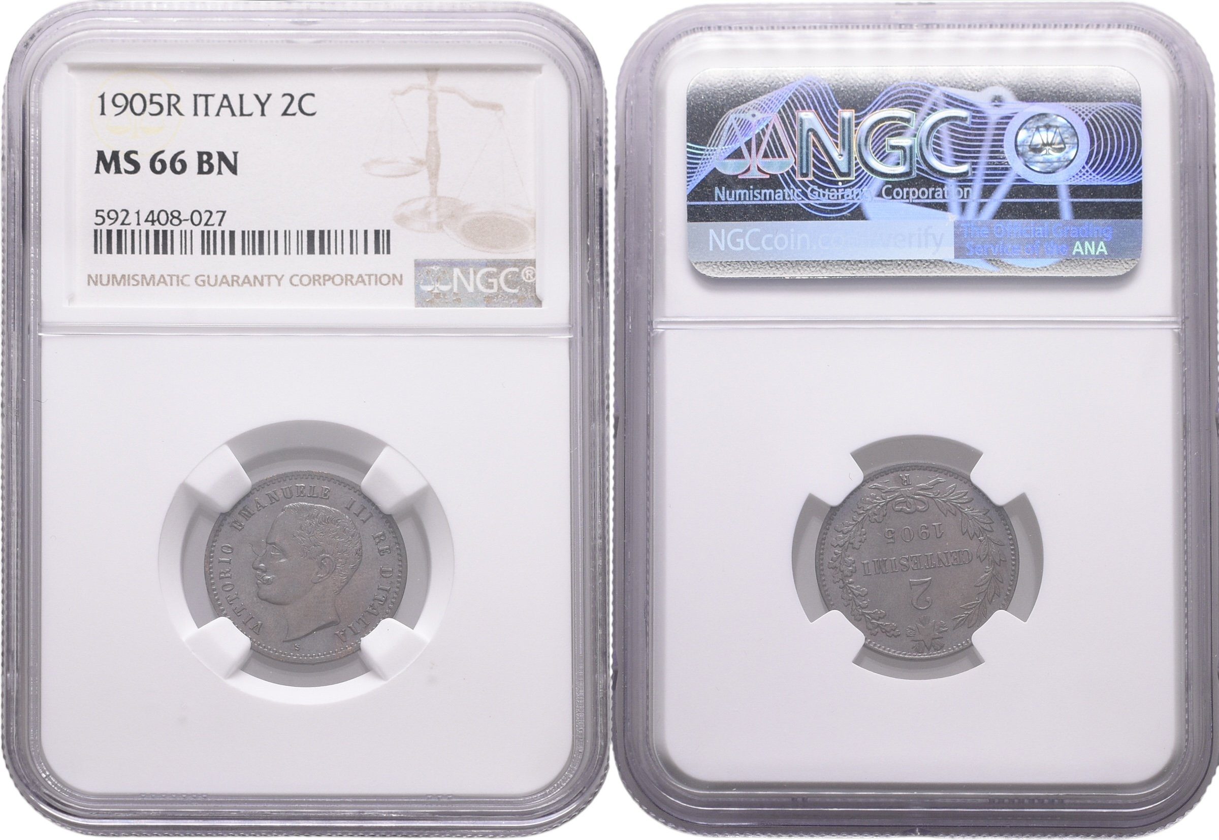 Itálie, 2 Centesimi 1905 R, NGC MS 66 BN
