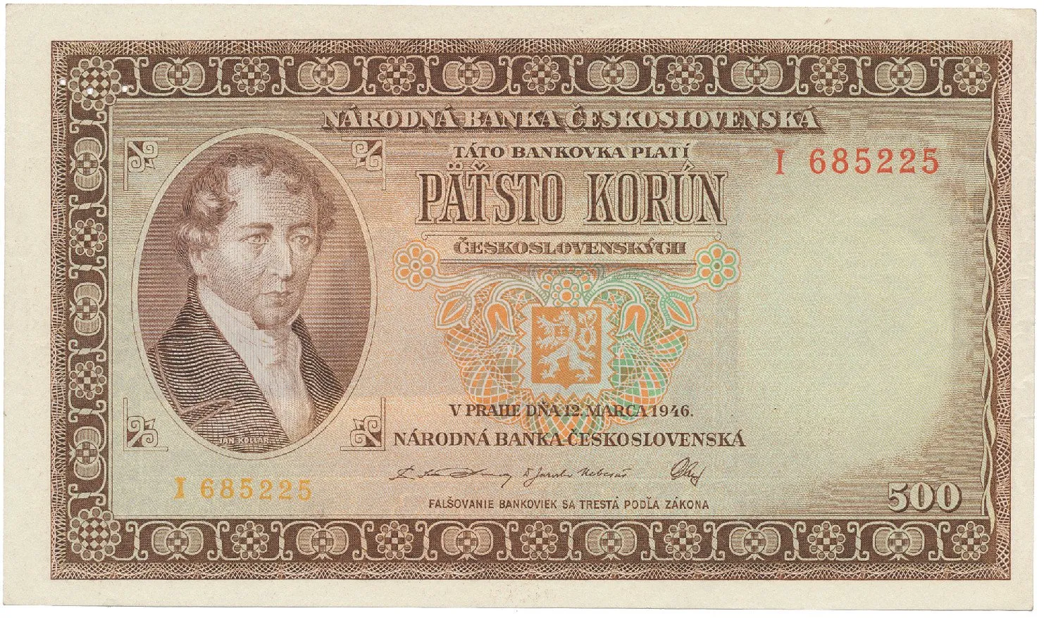 500 Koruna 1946, série A-Z, perforace 3 m.d. v obloučku, Hej.81a.S2