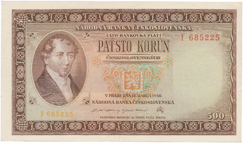500 Koruna 1946, série A-Z, perforace 3 m.d. v obloučku, Hej.81a.S2