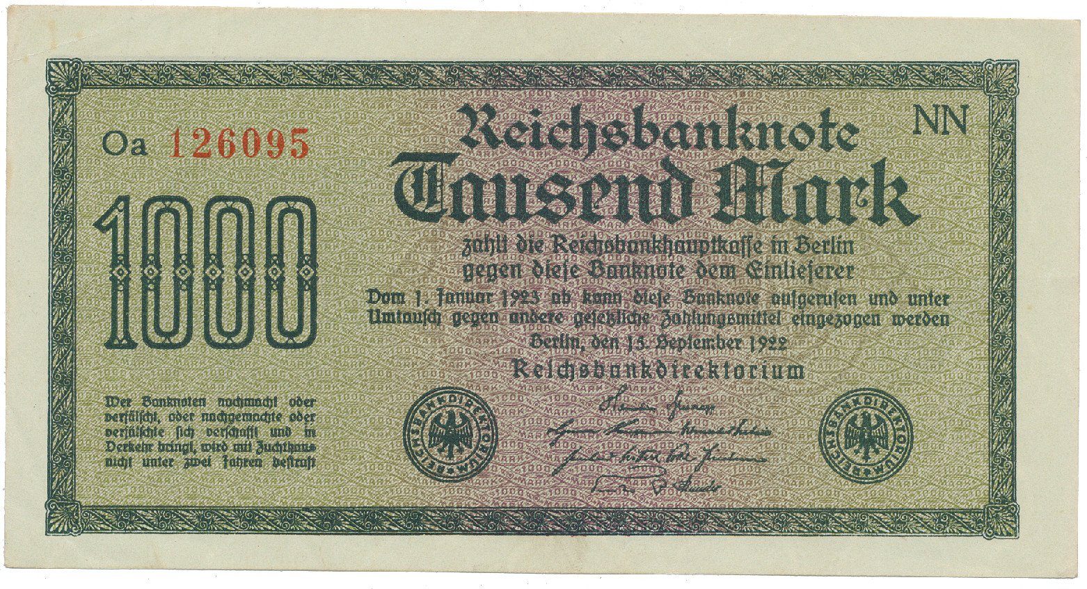 Německo, 1000 Mark 1922, vod. Wellen, 6-místné číslo, Ro.75q