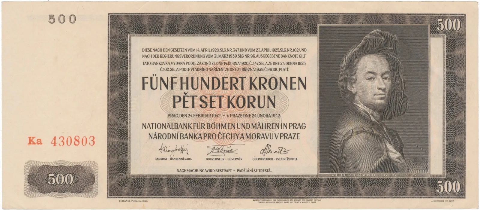 500 Koruna 1942, II. vydání, série Ka, Hej.36a
