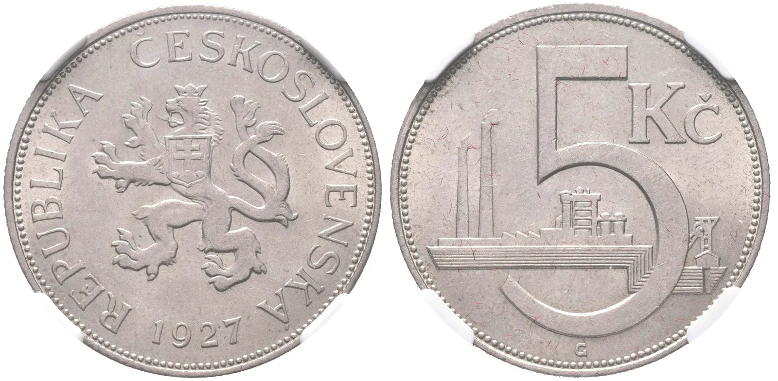 5 Koruna 1927, etue NGC, hodnocení MS 62, luxusní zachovalost_R! — 1