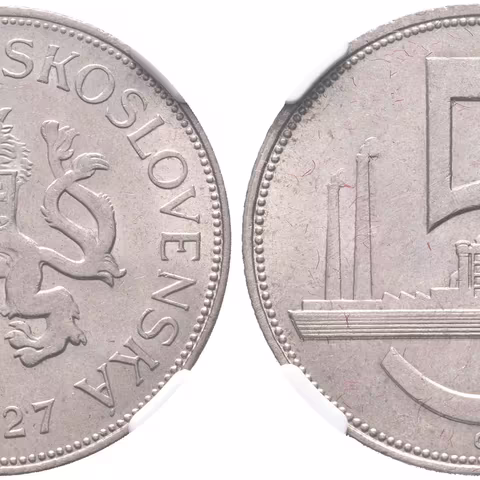 5 Koruna 1927, etue NGC, hodnocení MS 62, luxusní zachovalost_R!
