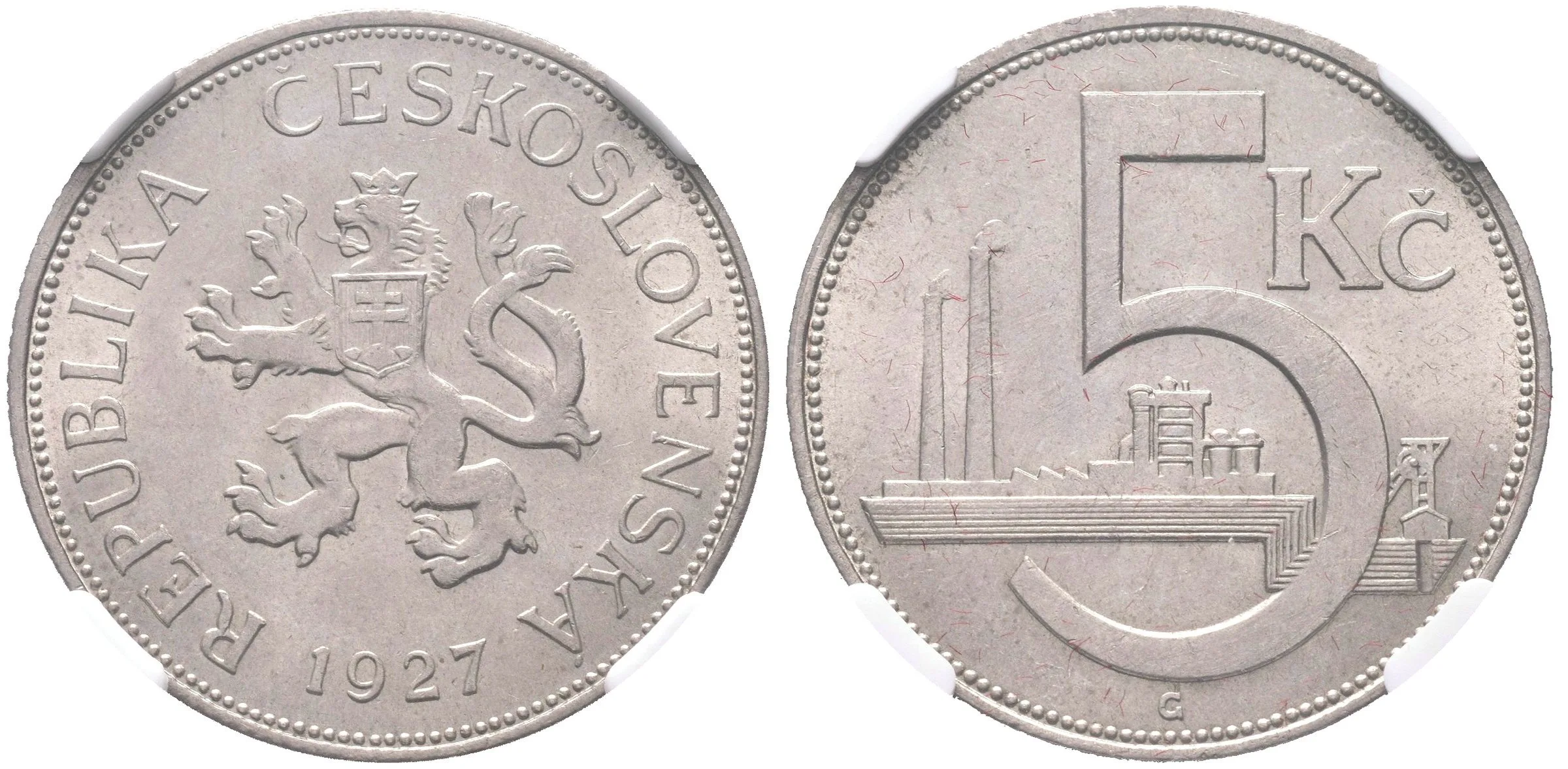 5 Koruna 1927, etue NGC, hodnocení MS 62, luxusní zachovalost_R! — 1