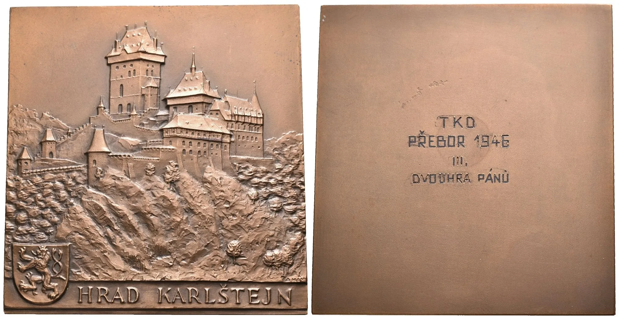 AE Plaketa b.l. - Hrad Karlštejn. Pat. bronz 71,5 x 68,5 mm, etue — 1