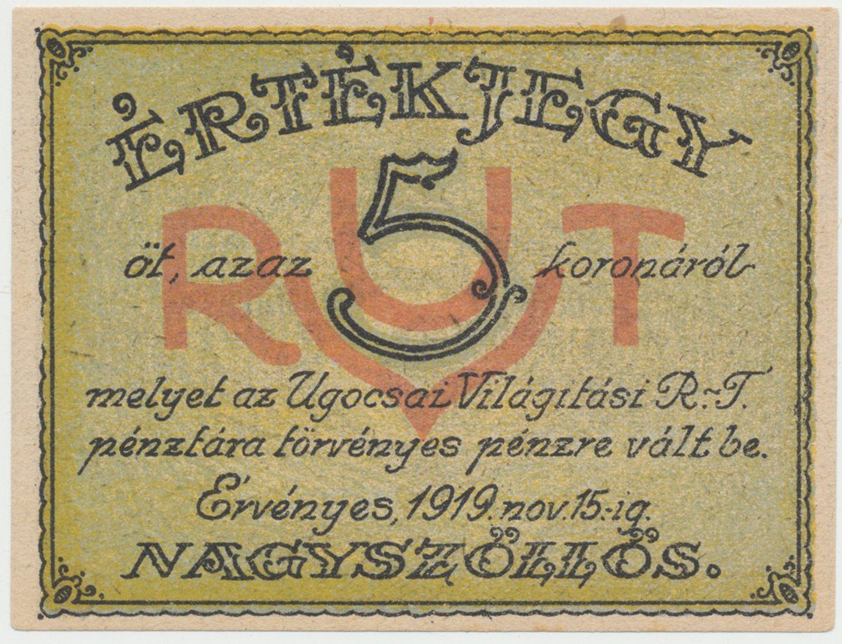 Nagyszöllös (Sevluš - Mukačevo) - elektrár. akc. spol., 5 K  1919, HH.143.1.12