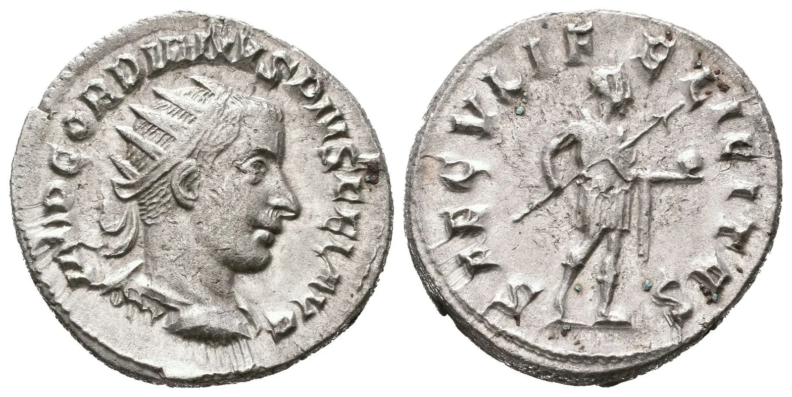 Antoninian, Antiochia, 242 - 244, Rv: SAECVLI FELICITAS, stojící císař s oštěpem — 1