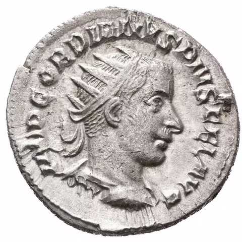 Antoninian, Antiochia, 242 - 244, Rv: SAECVLI FELICITAS, stojící císař s oštěpem