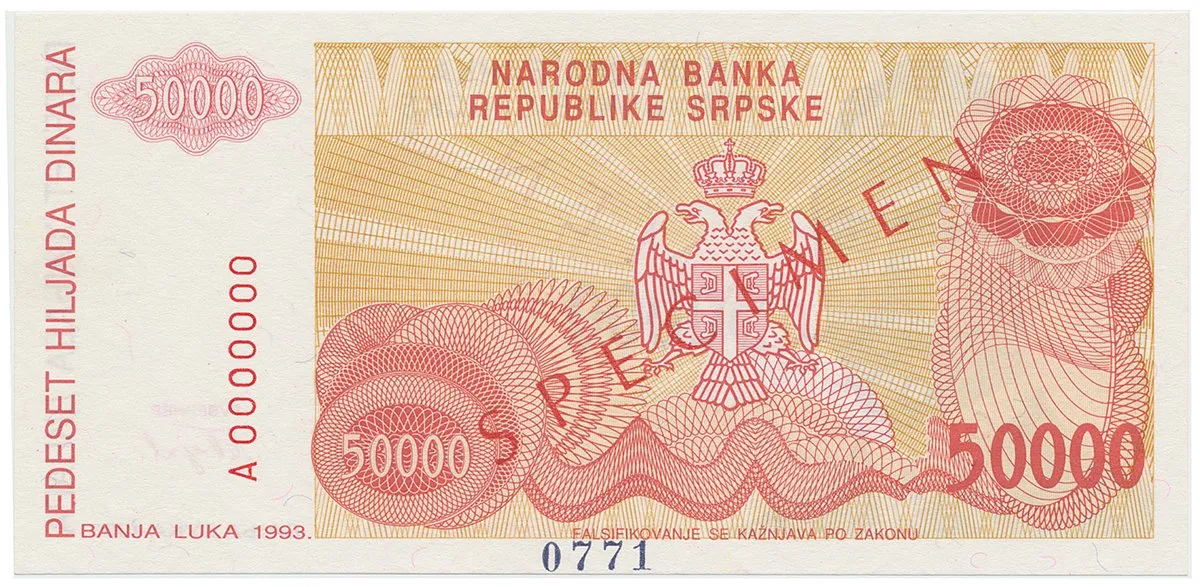 Bosna a Hercegovina, 50.000 Dinara 1993, bankovní vzor, A 0000000, přet. SPECIMEN, P.150s