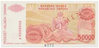 Bosna a Hercegovina, 50.000 Dinara 1993, bankovní vzor, A 0000000, přet. SPECIMEN, P.150s