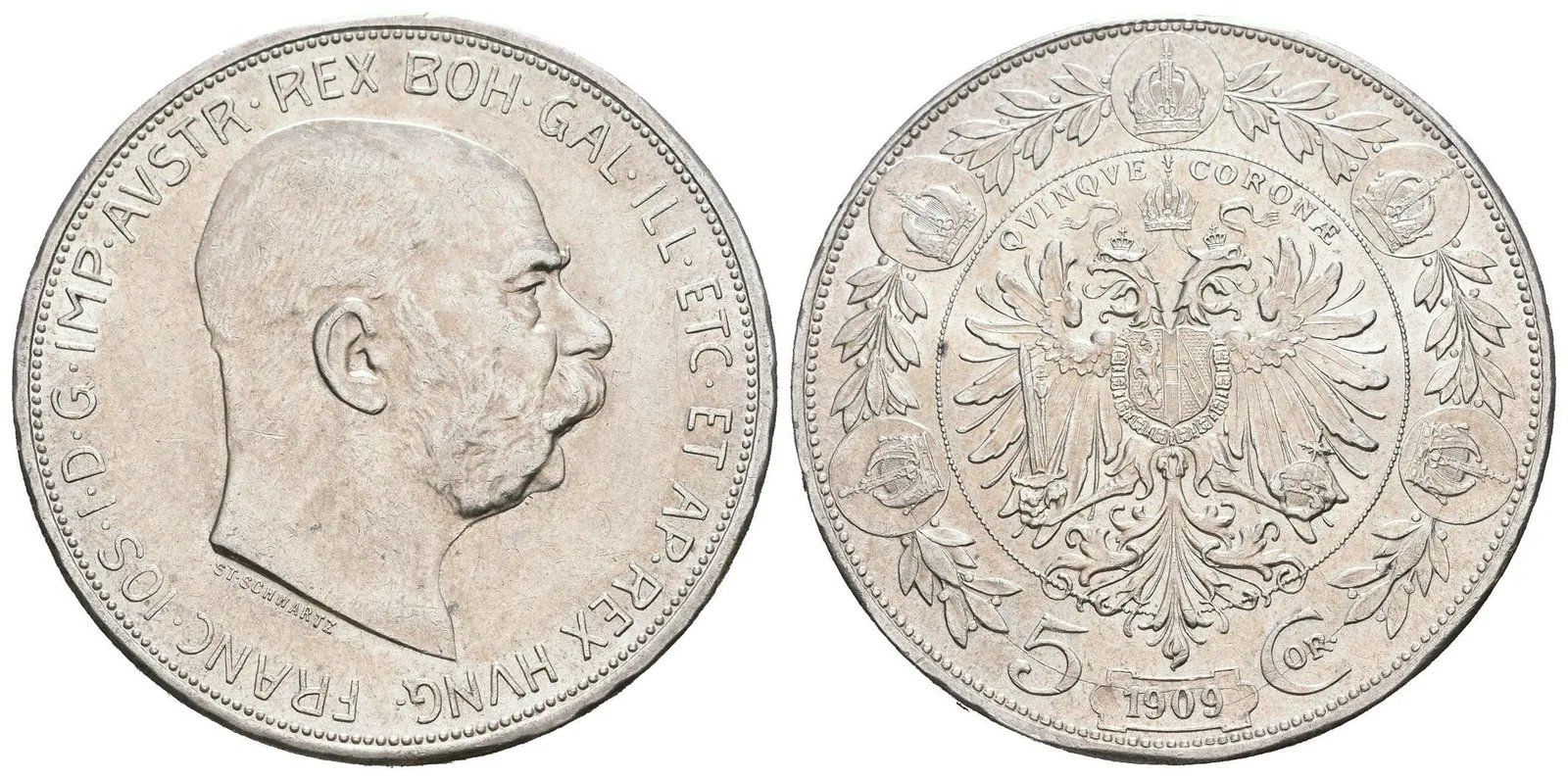 5 Koruna 1909, typ Schwartz, luxusní zachovalost, ražební lesk, — 1