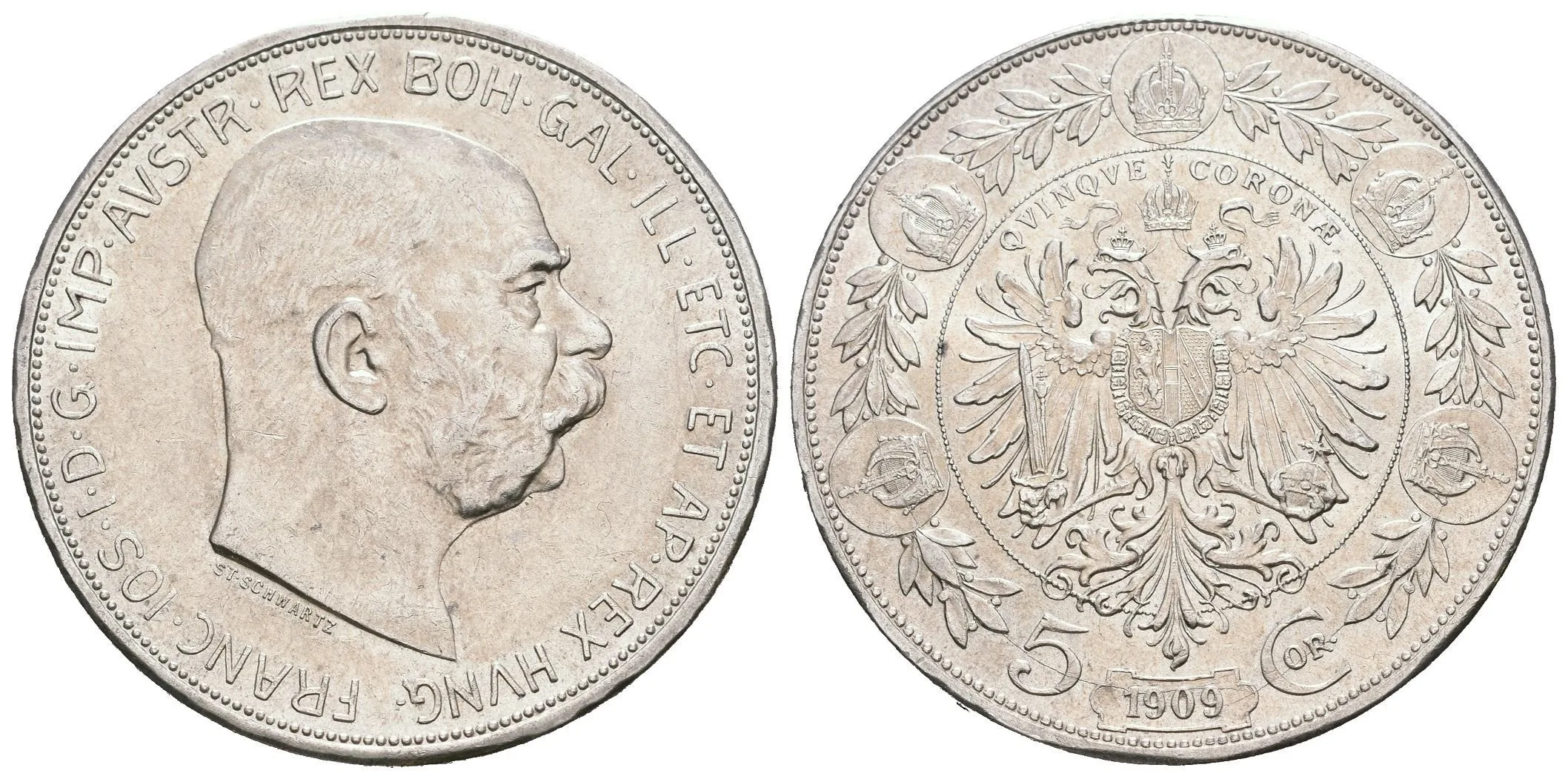 5 Koruna 1909, typ Schwartz, luxusní zachovalost, ražební lesk, — 1