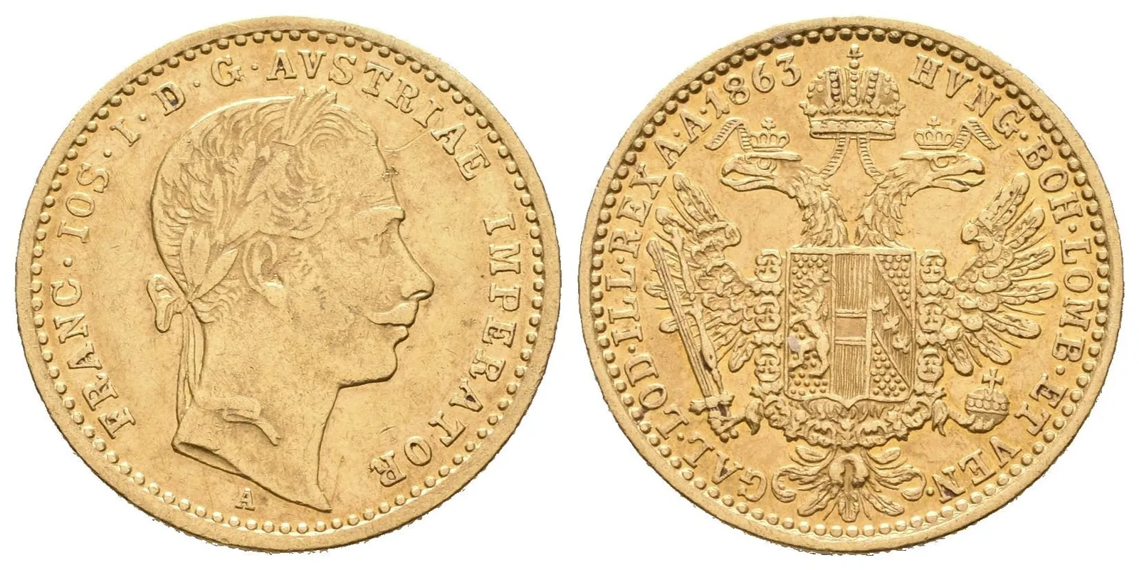 Dukát 1863 A, zbytky lesku na Rv., patina, škr. a drobné hranky — 1