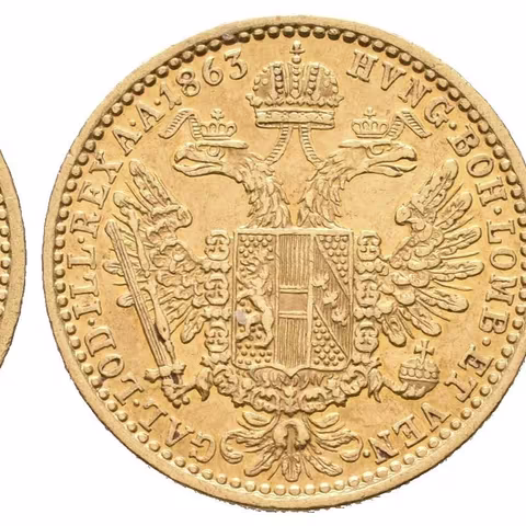 Dukát 1863 A, zbytky lesku na Rv., patina, škr. a drobné hranky