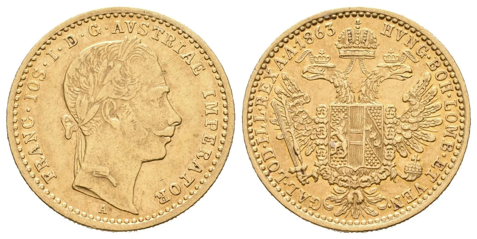 Dukát 1863 A, zbytky lesku na Rv., patina, škr. a drobné hranky — 1
