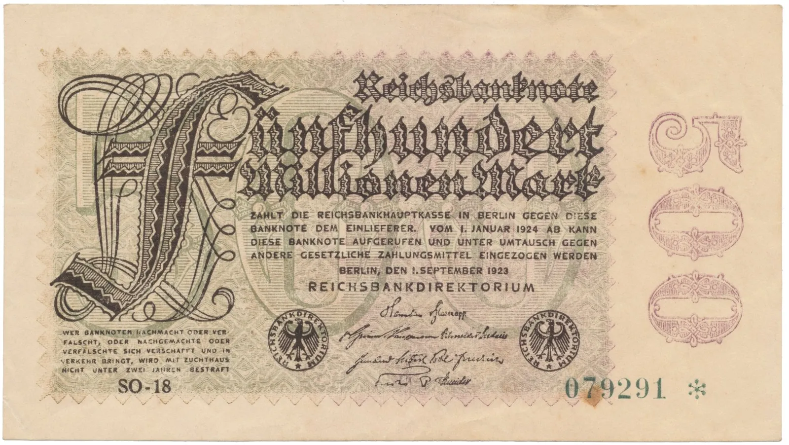 Německo, 500 Millionen Mark 1923, vodoznak Sterne, Ro.109h