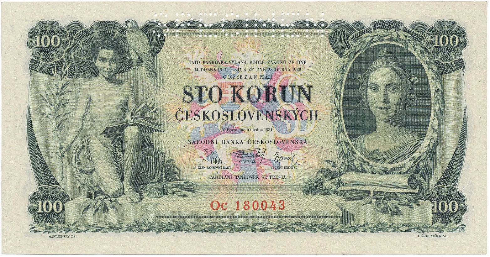 Československo, 100 Koruna 1931, perf. 1x SPECIMEN, Hej.25b2.S1