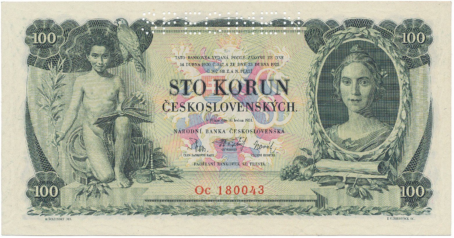 Československo, 100 Koruna 1931, perf. 1x SPECIMEN, Hej.25b2.S1