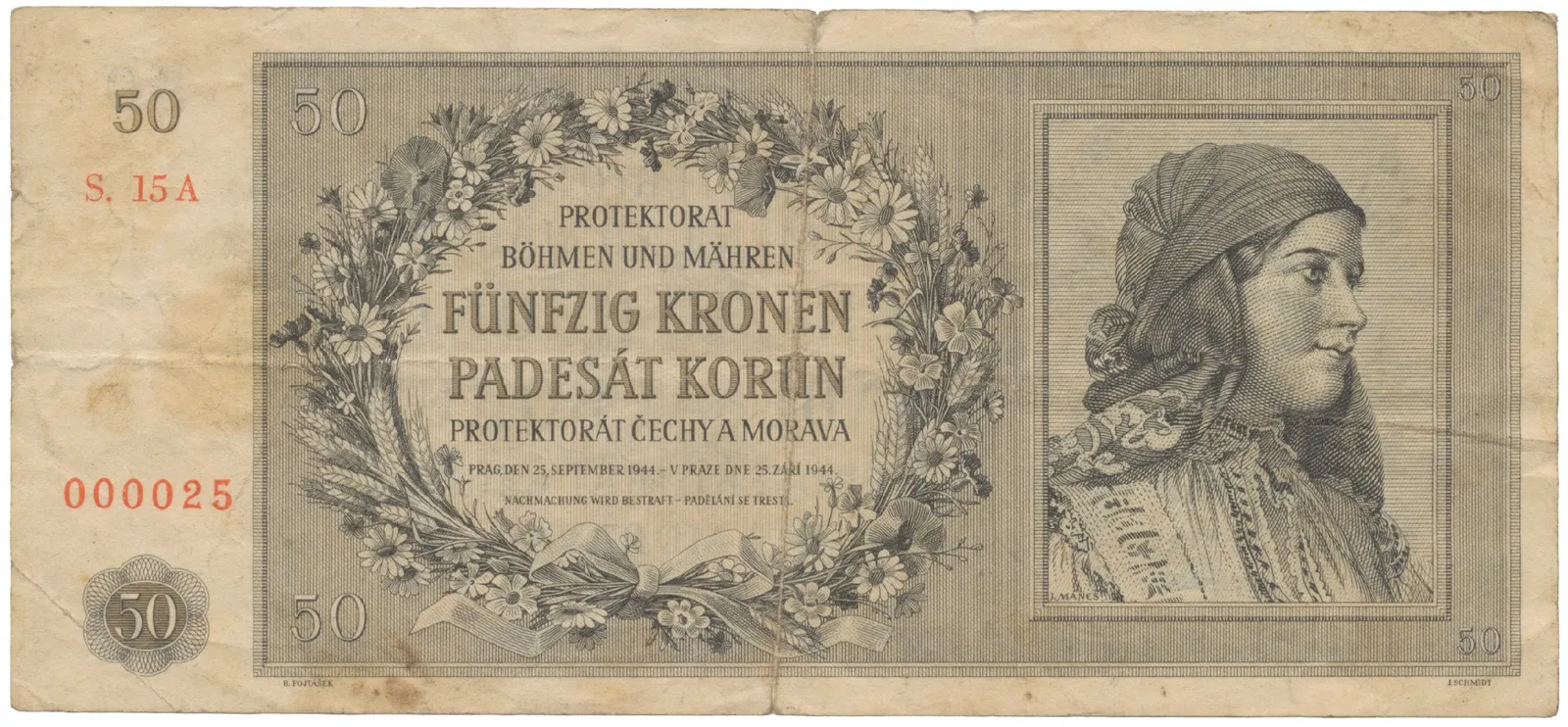 Protektorát Čechy a Morava, 50 Koruna 1944, pěkné číslo 000025, Hej.42a