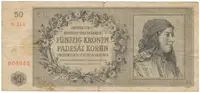 Protektorát Čechy a Morava, 50 Koruna 1944, pěkné číslo 000025, Hej.42a
