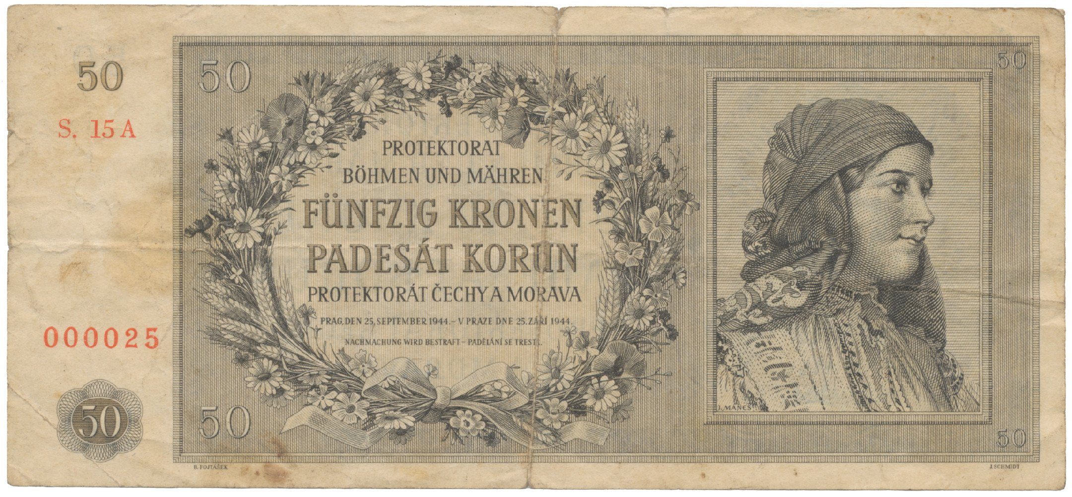 Protektorát Čechy a Morava, 50 Koruna 1944, pěkné číslo 000025, Hej.42a