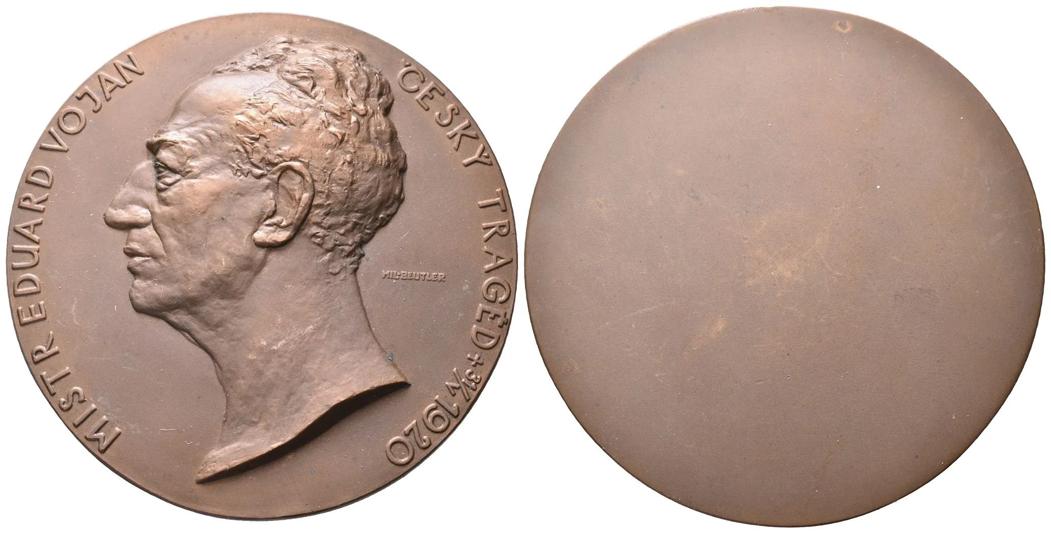 AE Medaile 1920 - Eduard Vojan, český tragéd. Hlava zleva, opis. Br 76 mm — 1